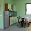 Cucina moderna con pareti verdi, tavolo apparecchiato, sedie nere e divano arancione.